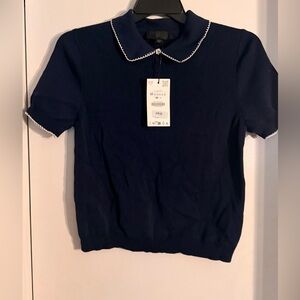 Zara Peter Pan Scalloped Collared Short Sleeve Polo Top In Navy - NWT